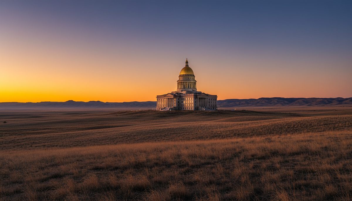 A state-capitol-style gold-domed building at sunset on rolling sage-brown prairie with distant high-plains hills.
