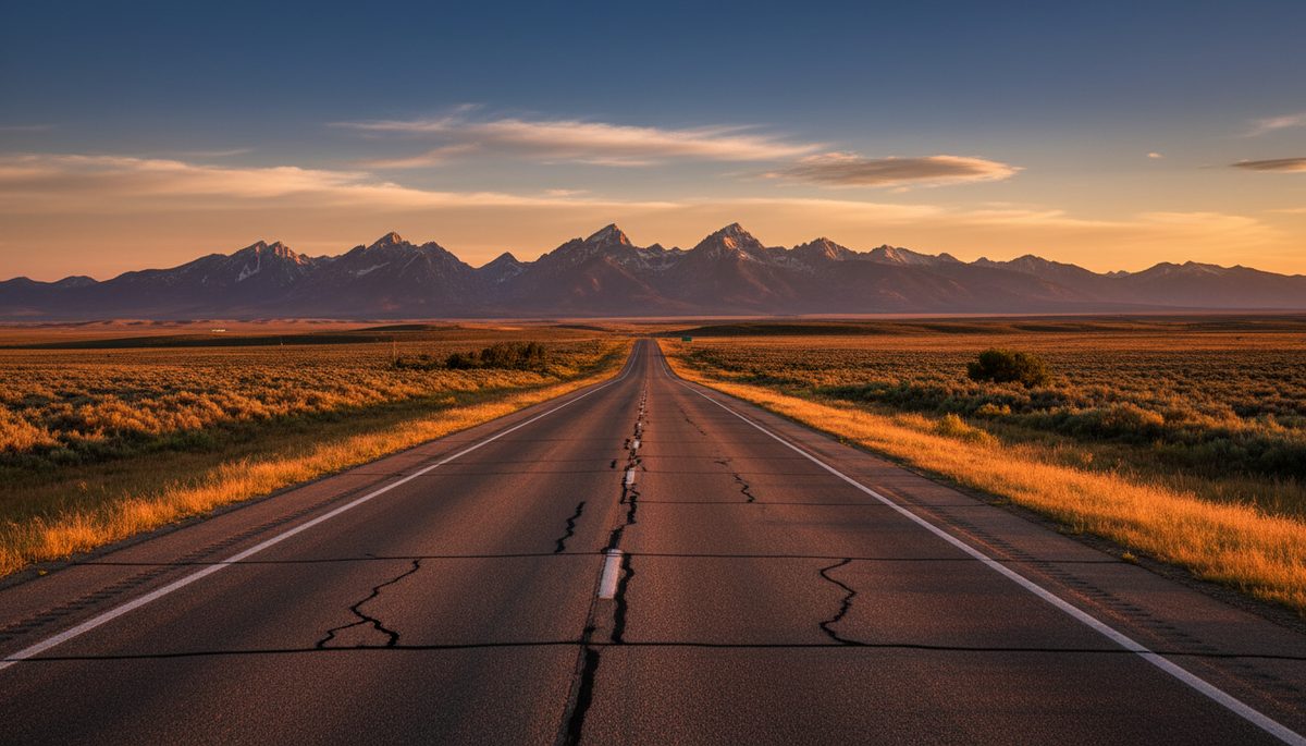 An empty interstate at sunset stretching south through sage-brown high-plains prairie toward distant Rocky Mountain peaks.