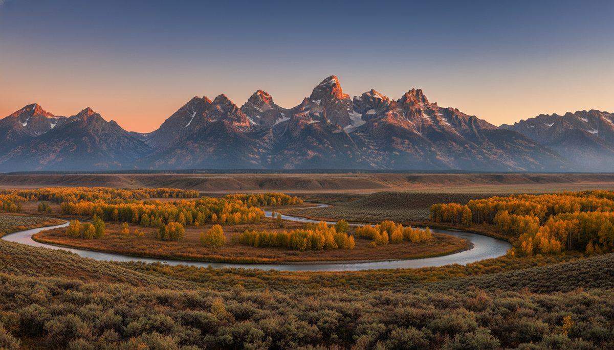 The Grand Teton mountain range at dawn with jagged peaks rising above a sage-meadow foreground and a reflecting river.